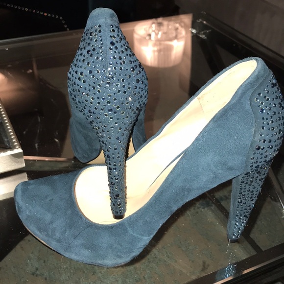 Nine West Sz 8 Suede Teal Jeweled Heels - Picture 4 of 5